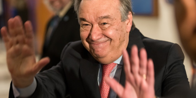 UN HEADQUARTERS, NEW YORK, NY, UNITED STATES - 2017/01/03: On the United Nation's first working day following the New Year's holiday, UN Secretary-General Antonio Guterres, whose five-year term began on January 1st, participated in a wreath-laying ceremony in memory of fallen UN staff and addressed the organization's administrative and support staff members in the lobby of the Secretariat Building at UN Headquarters in New York. (Photo by Albin Lohr-Jones/Pacific Press/LightRocket via Getty Imag