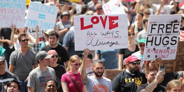 BOSTON - AUGUST 19: Counterprotesters march down Tremont Street to confront free speech demonstrators in the Boston Common during the 'Boston Free Speech' rally and counterprotest in Boston, Aug. 19, 2017. (Photo by Matthew J. Lee/The Boston Globe via Getty Images)