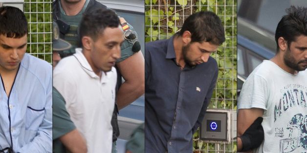 (COMBO) This combination of pictures created on August 22, 2017 shows (from L)Mohamed Houli Chemlal, Driss Oukabir, Salah El Karib, and Mohamed Aallaa, suspected of involvement in the terror cell that carried out twin attacks in Barcelona and Cambrils, escorded by Spanish Civil Guards from a detention center in Tres Cantos, near Madrid, on August 22, 2017 before being tranferred to the National Court.Under heavy security, police vans entered the National Court, which deals with terrorism cases,