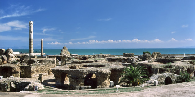 Tunisia. Ancient Carthage. General view of Antonine Baths - ruined caldarium (the hottest room) and steamroom on first plan. Please see my other images of the Roman places in Carthage and the Roman sites in Tunisia, Libya, Algeria, Jordan and Syria
