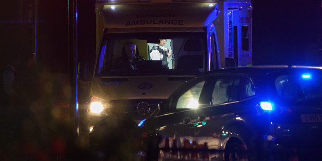 LONDON, ENGLAND - AUGUST 25: An ambulance leaves the scene following an apparent attack on two police officers at Buckingham Palace on August 25, 2017 in London, England. Two officers were slightly injured while arresting the man who was carrying a bladed weapon. (Photo by Leon Neal/Getty Images)