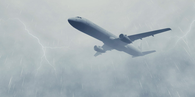 Airliner flies through a heavy dark rainy clouds with lightnings. Monochrome realistic 3D illustration was done from my own 3D rendering file.