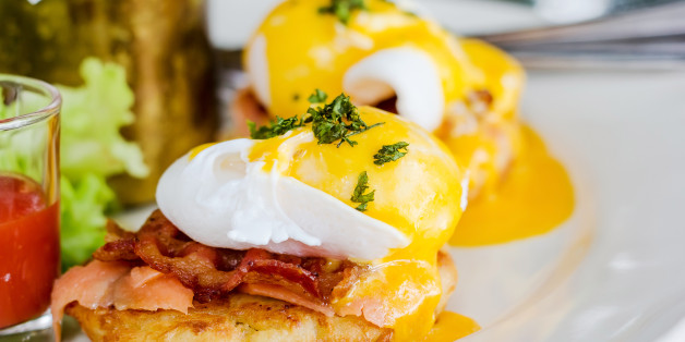 Eggs Benedict- toasted English muffins, ham, poached eggs, and delicious buttery hollandaise sauce