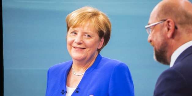 BERLIN, GERMANY - SEPTEMBER 03: A screen capture as seen from the Adlershof television studios were the live broadcast of the television debate between German Chancellor and Christian Democrat (CDU) Angela Merkel and her main opponent, German Social Democrat (SPD) and chancellor candidate Martin Schulz, on September 3, 2017 in Berlin, Germany. Germany will hold federal elections on September 24 and so far Merkel, who is seeking a fourth term, has a double-digit lead over Schulz. (Photo by Omer M