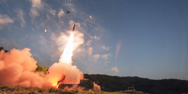 In this photo provided by South Korea Defense Ministry, South Korea's Hyunmoo II ballistic missile is fired during an exercise at an undisclosed location in South Korea, Monday, Sept. 4, 2017. In South Korea, the nation's military said it conducted a live-fire exercise simulating an attack on North Korea's nuclear test site to "strongly warn" Pyongyang over the latest nuclear test. Seoul's Joint Chiefs of Staff said the drill involved F-15 fighter jets and the country's land-based &quo