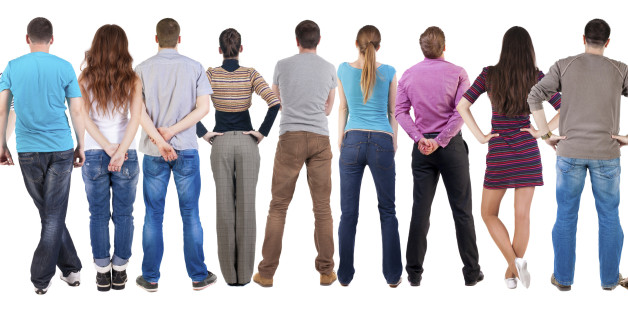 Back view group of people looking. Rear view team people collection. backside view of person. Isolated over white background.