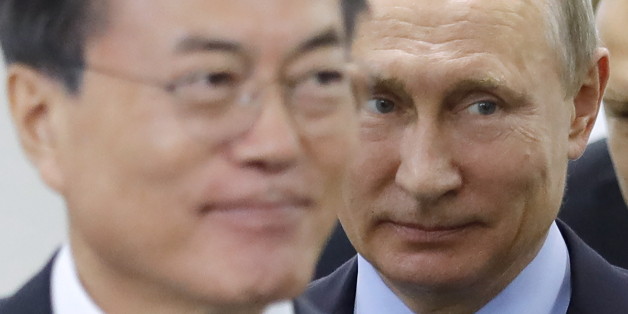 VLADIVOSTOK, RUSSIA - SEPTEMBER 6, 2017: South Korea's President Moon Jae-in (L) and Russia's President Vladimir Putin meet for talks as part of the 2017 Eastern Economic Forum at Far Eastern Federal University on Russky Island. Mikhail Metzel/TASS Host Photo Agency (Photo by Mikhail Metzel\TASS via Getty Images)