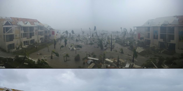 TOPSHOT - (COMBO) This combination of pictures created on September 7, 2017 shows panoramic photos taken on September 6, 2017 of the Hotel Mercure in Marigot, near the Bay of Nettle, on the French Collectivity of Saint Martin, during and after the passage of Hurricane Irma.France, the Netherlands and Britain on September 7 sent water, emergency rations and rescue teams to their stricken territories in the Caribbean hit by Hurricane Irma, which has killed at least 10 people. The worst-affected is