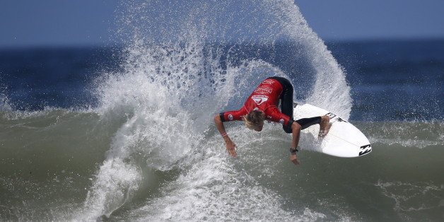 Gatien Delahaye competes in the man's final during the World Surf League's (WSL) Quiksilver Pro surfing competition at Casablanca Beach, also known as the Pepsi, in Morocco, September 12, 2015. REUTERS/Youssef Boudlal