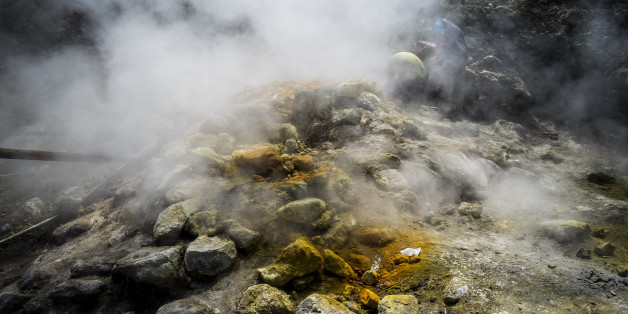 INGV (Italy's National Institute for Geophysics and Vulcanology) researchers make monthly measurements near the Bocca Grande in Pozzuoli, Italy on July 09, 2017. The Solfatara of Pozzuoli is one of the most interesting volcano of Campi Flegrei, an area north of Naples made up of about 40 ancient volcanoes.(Photo by Giuseppe Ciccia/NurPhoto via Getty Images)