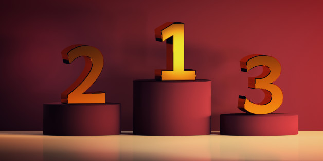Pedestals with golden numbers for winners. Competition and ceremony symbols in luxurious colors - golden and purple. 3D illustration.