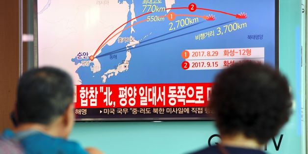 People watch a screen showing a graphic of a North Korean missile launch, at a railway station in Seoul on September 15, 2017.North Korea fired an intermediate range ballistic missile eastwards over Japan and into the Pacific on September 15, the US said, its latest provocation amid high tensions over its banned weapons programmes. / AFP PHOTO / JUNG Yeon-Je (Photo credit should read JUNG YEON-JE/AFP/Getty Images)