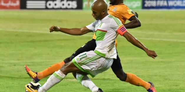 Algerian Yacine Brahimi (R) fights for the ball against Zambia's Augustine Mulenga during a FIFA 2018 World Cup qualifying football match between Algeria and Zambia at the Mohamed-Hamlaoui Stadium in Constantine on September 5, 2017. / AFP PHOTO / RYAD KRAMDI / RYAD KRAMDI (Photo credit should read RYAD KRAMDI/AFP/Getty Images)