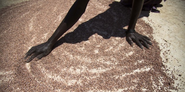 A woman dries a small quantity of sorghum on May 31, 2017, outside her house in Panthau, Northern Bahr al Ghazal, South Sudan.An estimated 63 per cent of the population in Northern Bahr al Ghazal is experiencing severe food insecurity, according to the latest Integrated Food Security Phase Classification (IPC) report. The situation is particularly bad in Aweil West and Aweil South counties, where the exhaustion of household food stocks and growing dependence on financially inaccessible markets h