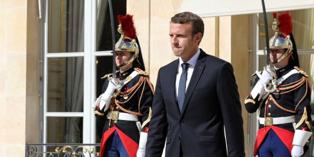 French President Emmanuel Macron waits prior to welcome Qatar's Emir upon his arrival at the Elysee palace for a meeting on September 15, 2017, in Paris. / AFP PHOTO / ludovic MARIN (Photo credit should read LUDOVIC MARIN/AFP/Getty Images)
