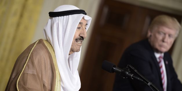 Kuwaiti Emir Sheikh Sabah al-Ahmad Al-Sabah speaks during a joint press conference with US President Donald Trump at the White House in Washington, DC, on September 7 2017. / AFP PHOTO / Brendan SMIALOWSKI (Photo credit should read BRENDAN SMIALOWSKI/AFP/Getty Images)