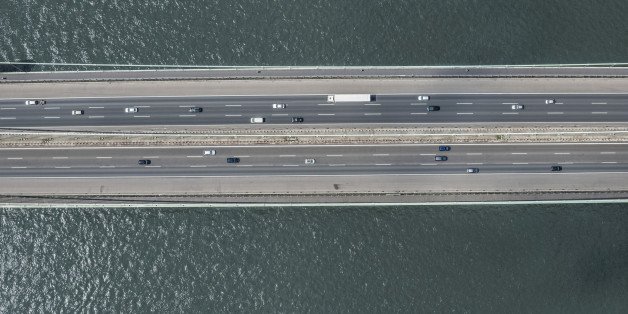 Cars on bridge over Rhine River at Cologne, Germany
