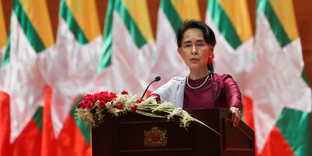 Myanmar's State Counsellor Aung San Suu Kyi delivers a national address in Naypyidaw on September 19, 2017.Aung San Suu Kyi said on September 19 she 'feels deeply' for the suffering of 'all people' caught up in conflict scorching through Rakhine state, her first comments on a crisis that also mentioned Muslims displaced by violence. / AFP PHOTO / Ye Aung THU (Photo credit should read YE AUNG THU/AFP/Getty Images)