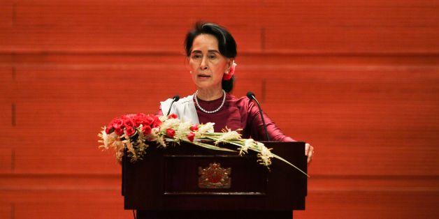 Myanmar's State Counsellor Aung San Suu Kyi delivers a national address in Naypyidaw on September 19, 2017.Aung San Suu Kyi said on September 19 she 'feels deeply' for the suffering of 'all people' caught up in conflict scorching through Rakhine state, her first comments on a crisis that also mentioned Muslims displaced by violence. / AFP PHOTO / Ye Aung THU (Photo credit should read YE AUNG THU/AFP/Getty Images)