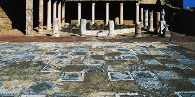 TUNISIA - MAY 04: Mosaic of Horses, detail of the Mosaic of Horses (3rd century AD), House of the Aviary, park of Roman villas, Archaeological Site of Carthage (Unesco World Heritage List, 1979), Tunisia. (Photo by DeAgostini/Getty Images)