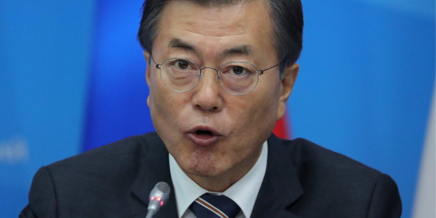 VLADIVOSTOK, RUSSIA - SEPTEMBER 6, 2017: South Korea's President Moon Jae-in speaks during a press conference following his meeting with Russia's President Vladimir Putin as part of the 2017 Eastern Economic Forum at Far Eastern Federal University on Russky Island. Mikhail Klimentyev/Russian Presidential Press and Information Office/TASS (Photo by Mikhail Klimentyev\TASS via Getty Images)