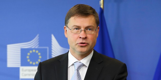 BRUSSELS, BELGIUM - SEPTEMBER 20: Vice President of the European Commission Valdis Dombrovskis holds a joint press conference with Finance Minister of Ukraine Oleksandr Danylyuk (not seen) following their meeting in Brussels, Belgium on September 20, 2017.
(Photo by Dursun Aydemir/Anadolu Agency/Getty Images)