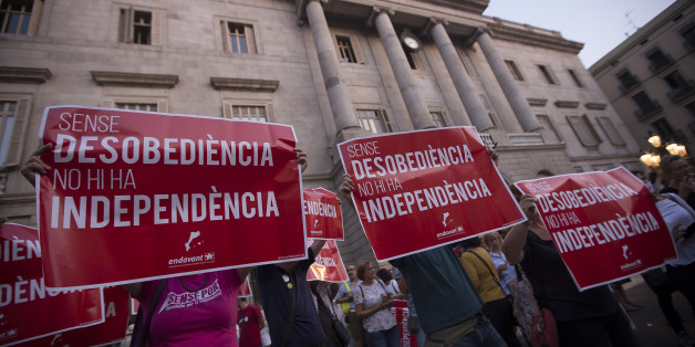 Demonstration in Sant Jaume square in Barcelona supporting the Catalonia's independence referendum and demanding the collaboration of the mayor of the city, Ada Colau, in the process of independence in Barcelona, September 8, 2017 (Photo by Miquel Llop/NurPhoto via Getty Images)