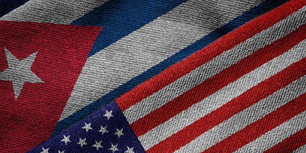 3D rendering of the flags of USA and Cuba on woven fabric texture. Detailed textile pattern and grunge theme.