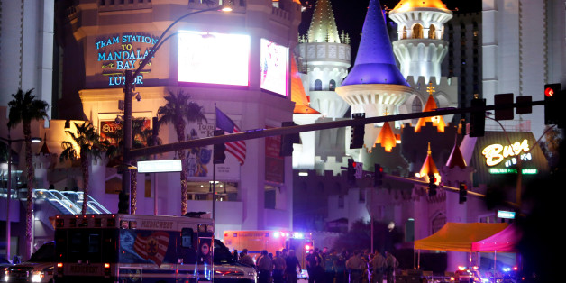 Las Vegas Metro Police and medical workers stage in the intersection of Tropicana Avenue and Las Vegas Boulevard South after a mass shooting at a music festival on the Las Vegas Strip in Las Vegas, Nevada, U.S. October 1, 2017. REUTERS/Las Vegas Sun/Steve Marcus