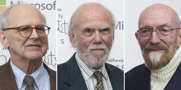 A combo made October 10, 2017 of file photos taken on December 09, 2016 in Washington, shows (LtoR) Rainer Weiss, Barry Barish and Kip Thorne, who won the Nobel Physics Prize 2017 for gravitational waves, the Royal Swedish Academy of Sciences announced October 10, 2017 in Stockholm. / AFP PHOTO / MOLLY RILEY (Photo credit should read MOLLY RILEY/AFP/Getty Images)