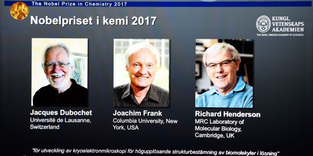 A screen displays portraits of winners of the 2017 Nobel Prize in Chemistry on October 4, 2017 at the Royal Swedish Academy of Sciences in Stockholm, Sweden (L-R) Jacques Dubochet from Switzerland, Joachim Frank from the US and Richard Henderson from Britain.Scientists Jacques Dubochet from Switzerland, Joachim Frank from the US and Richard Henderson from Britain won the Nobel Chemistry Prize for the development of cryo-electron microscopy, a method of simplifying and improving the imaging of bi