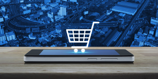 Shopping cart icon on smart phone screen, Shop online concept