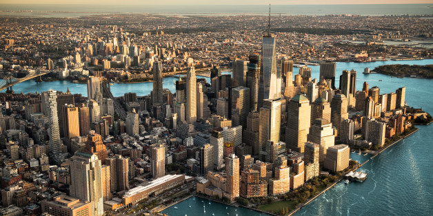 Helicopter point of view of Manhattan island in New York City.