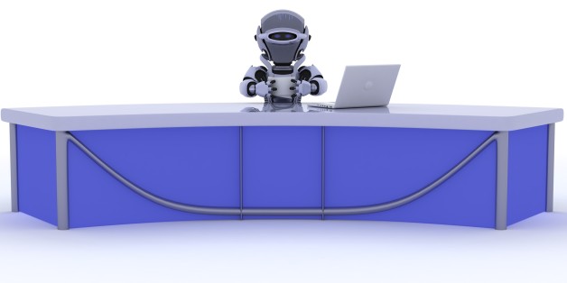 3D render of a robot sat at a desk reporting the news