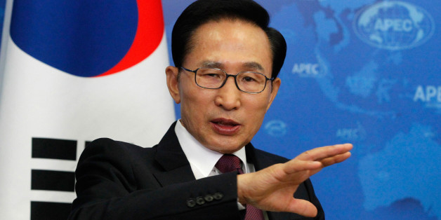 South Korean's President Lee Myung Bak attends the bilateral meeting with Russia's President Vladimir Putin at the Asian-Pacific Economic Cooperation (APEC) Summit in Vladivostok on September 8, 2012. AFP PHOTO/RIA NOVOSTI/POOL/MIKHAIL KLIMENTYEV (Photo credit should read MIKHAIL KLIMENTYEV/AFP/GettyImages)