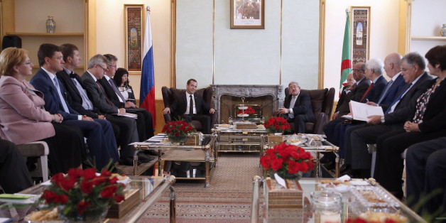 ALGIERS, ALGERIA - OCTOBER 10, 2017: Russia's Prime Minister Dmitry Medvedev and Algeria's Prime Minister Ahmed Ouyahia (L-R in the middle) during a meeting. Dmitry Astakhov/Russian Government Press Office/TASS (Photo by Dmitry Astakhov\TASS via Getty Images)
