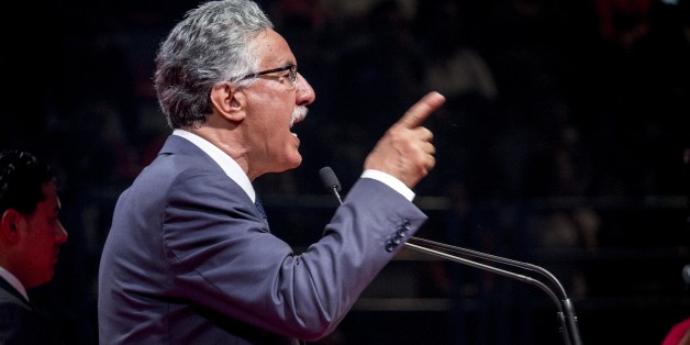 In November 16th, 2014: big political meeting of the Front Popular, with its president Hamma Hammami, candidat for the the presidency of the republic for the elections of November 23rd. In a long speech of more than one hour, Hammami, assured that he will work on the installation of a social justice and a balance between the various regions of the country, before finishing his meeting with his wife Radia Nasraoui, his daughter and all his friends and leaders of the party. (Photo by Nicolas Fauqu
