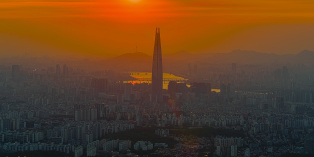 South Korea skyline of Seoul, The best view of South Korea with Lotte world mall at Namhansanseong Fortress