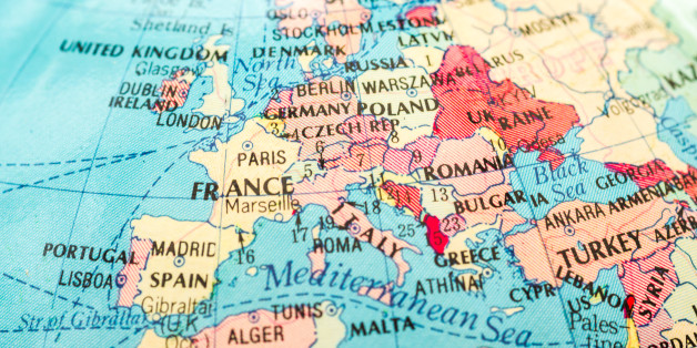 Macro close-up image of an unidentified map of Europe  in color with surrounding borders