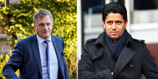 (FILES) This combination of file images created on October 13, 2017, shows (L) French former FIFA Secretary General Jerome Valcke as he arrives at the Court of Arbitration for Sport prior to his appeal over his 10 year ban from football on October 11, 2017 in Lausanne and (R) Paris Saint-Germain's Qatari president Nasser Al-Khelaïfi as he arrives for the French L1 football match between Paris Saint-Germain and Nancy at the Parc des Princes stadium in Paris on March 4, 2017.Switzerland has ope
