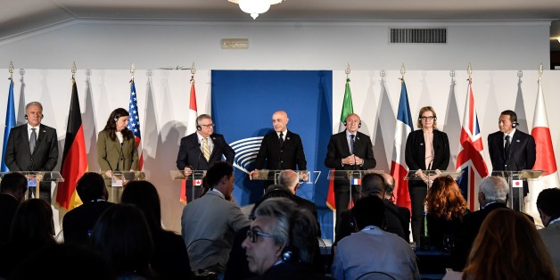 (LtoR) EU Commissioner for Migration, Home Affairs and Citizenship Dimitris Avramopoulos, US Acting Secretary of the Department of Homeland Security Elaine Duke, Canada's Public Safety Minister Ralph Goodale, Italy's Interior Minister Marco Minniti, France's Interior Minister Gerard Collomb, Britain's Home Secretary Amber Rudd and the Chairperson of the National Public Safety Commission from Japan Achiro Hoconogi address a press conference at the end of the G7 summit of Interior Ministers with E