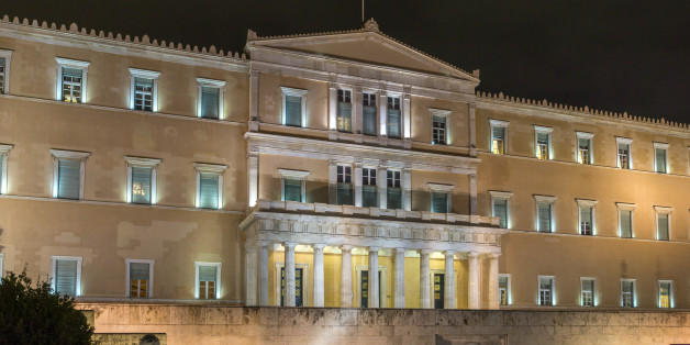 ATHENS, GREECE - JANUARY 20 2017: Night photo of The Greek parliament in Athens, Attica, Greece