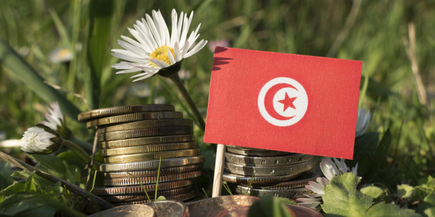 Tunisian flag with stack of money coins with grass and flowers