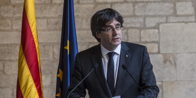 Carles Puigdemont, Catalonia's president, speaks during a news conference at the Generalitat in Barcelona, Spain, on Thursday, Oct. 26, 2017. Catalonia's president says he won't call a regional election that could have defused tension with Spain. Photographer: Angel Garcia/Bloomberg via Getty Images