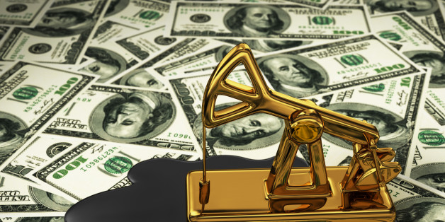 Golden Pumpjack And Spilled Oil On The Dollars. 3D Scene.