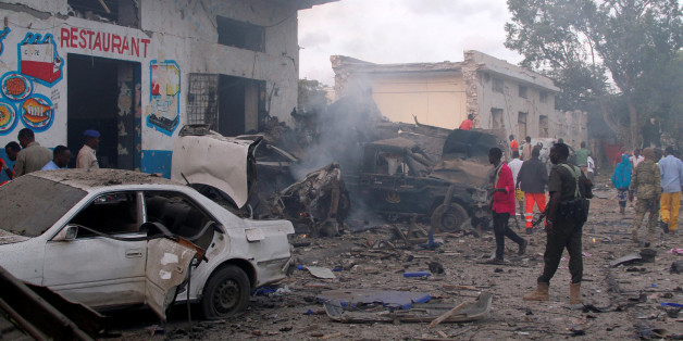 A general view shows the aftermath of a suicide car bomb explosion, at the gate of Naso Hablod Two Hotel in Hamarweyne district of Mogadishu, Somalia October 28, 2017. REUTERS/Feisal Omar