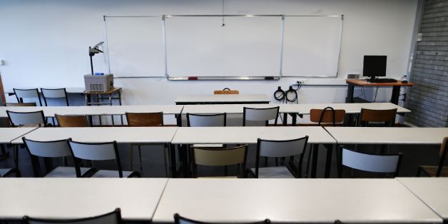 Picture of an empty classroom taken at the university of Mont-Saint-Aignan, near Rouen, northwestern France, on October 11, 2017. / AFP PHOTO / CHARLY TRIBALLEAU (Photo credit should read CHARLY TRIBALLEAU/AFP/Getty Images)