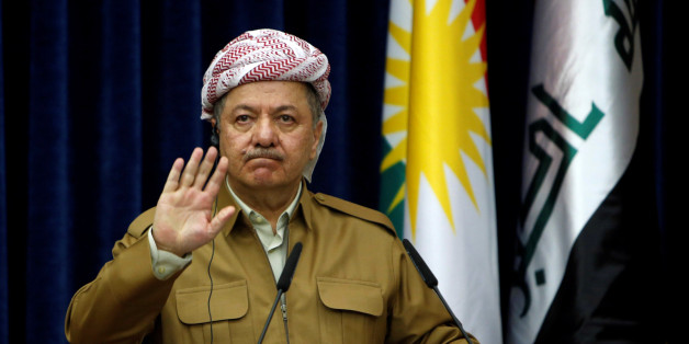 Iraq's Kurdistan region's President Massoud Barzani gestures during a joint news conference with German Foreign Minister Sigmar Gabriel (not pictured) in Erbil, Iraq April 20, 2017. REUTERS/Azad Lashkari