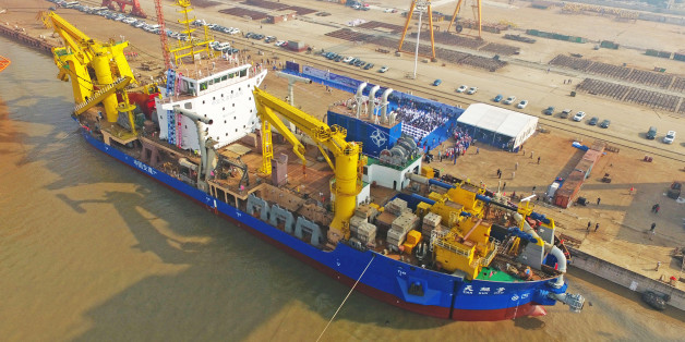 This photo taken on November 3, 2017 shows the ship 'Tian Kun Hao' being launched at a port in Qidong in China's eastern Jiangsu province.
China has unveiled a massive ship described as a 'magic island maker' that is Asia's largest dredging vessel, state media reported on November 4. / AFP PHOTO / STR / China OUT (Photo credit should read STR/AFP/Getty Images)