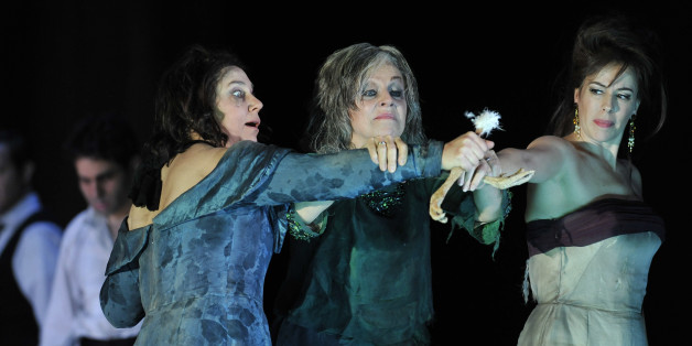 LONDON, ENGLAND - APRIL 21: Christine Rice as Blanca Delgado, Anne Sofie von Otter as Leonora Palma and Audrey Luna as Leticia Maynar in the Royal Opera's production of Thomas Ades' 'The Exterminating Angel' at the Royal Opera House on April 21, 2017 in London, England. (Photo by Robbie Jack - Corbis via Getty Images)